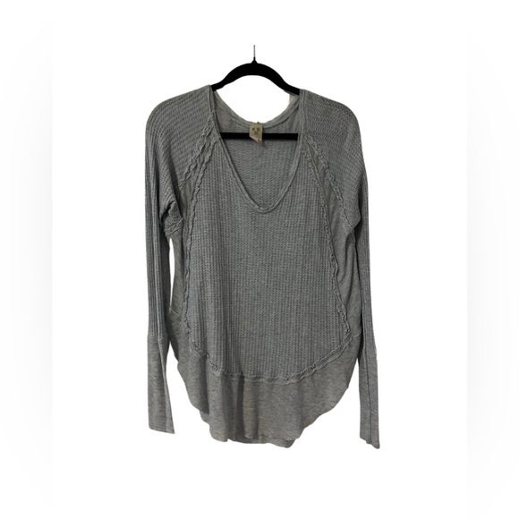 We the free, dusty, blue waffle knit thermal long sleeve with curved hem - Picture 1 of 5